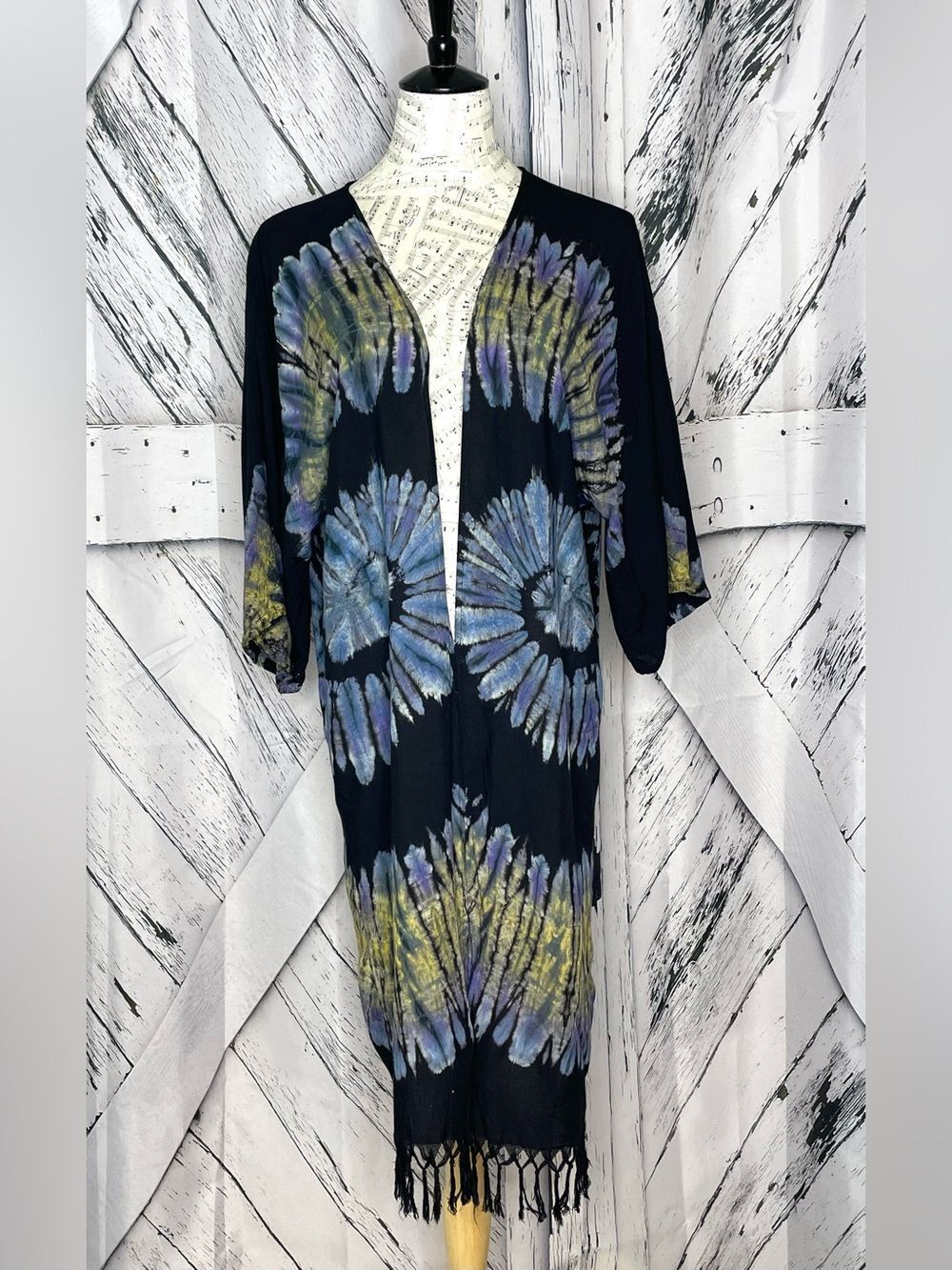 Tie-Dye Kimono Duster in Black Purple Yellow Small